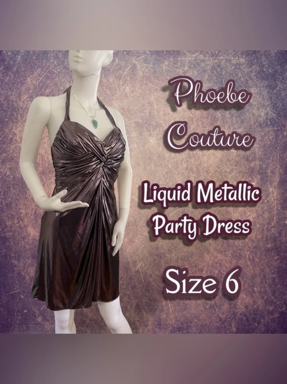 Phoebe Couture Liquid Metallic Knot Halter Dress - Y2K Glam / Ruched Sz 6